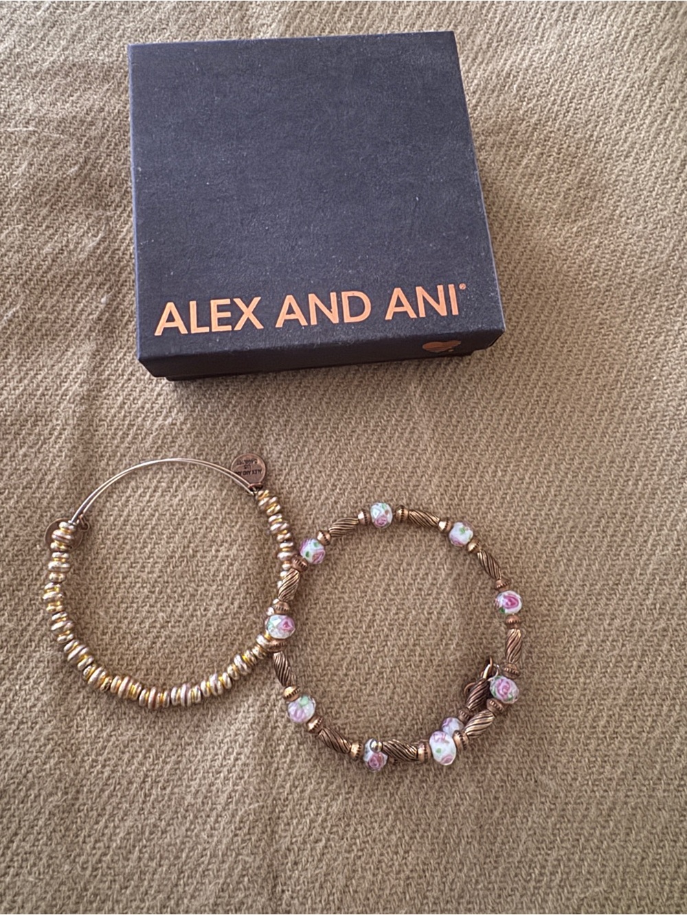 Alex and Ani Rose Gold Tone Beaded and Floral Bracelet Set with Pink Accents